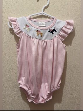 Pink Gingham Baby Bubble with Puppy Embroidery